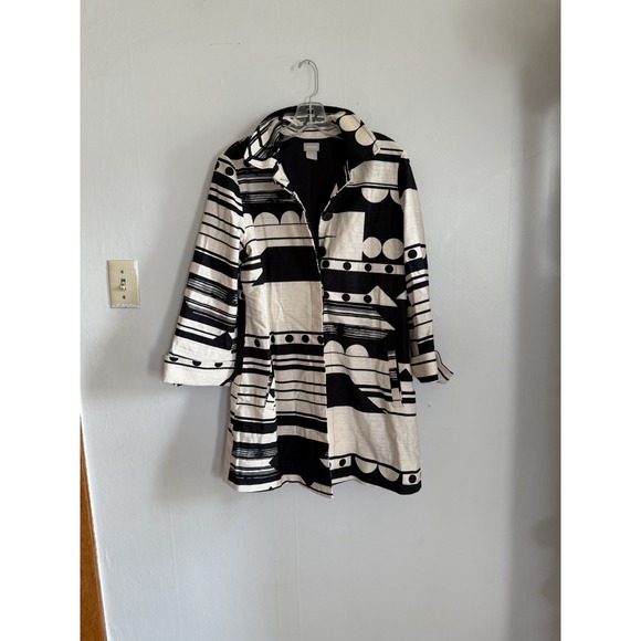 Chico's Jackets & Blazers - Chicos Linen Blend Lagenlook Topper Jacket. Geometric Black White Print Classic